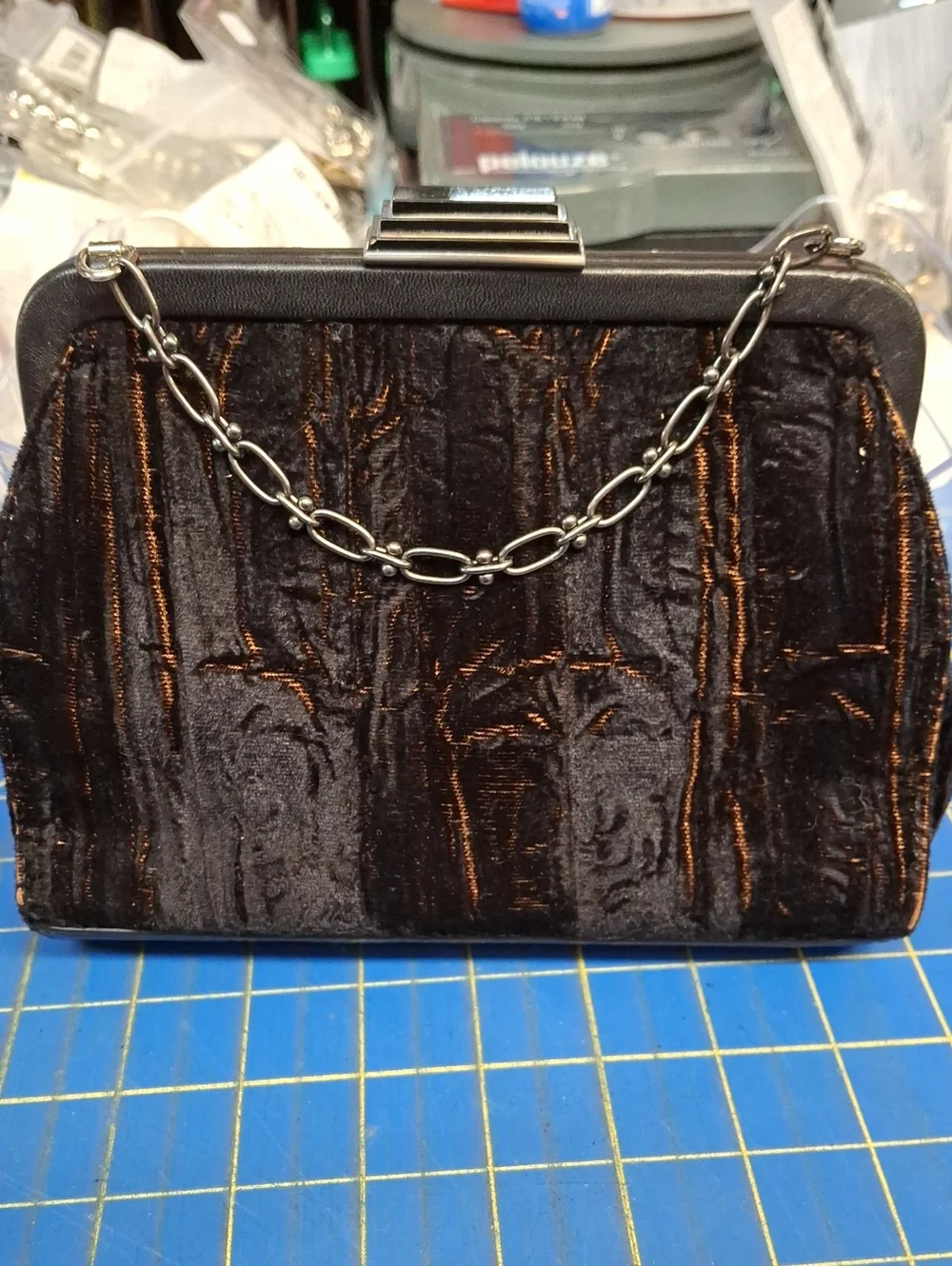 DKNY 1990s Vintage Elegant Black Velvet Evening Clutch with Chain 7.5x6x2.5